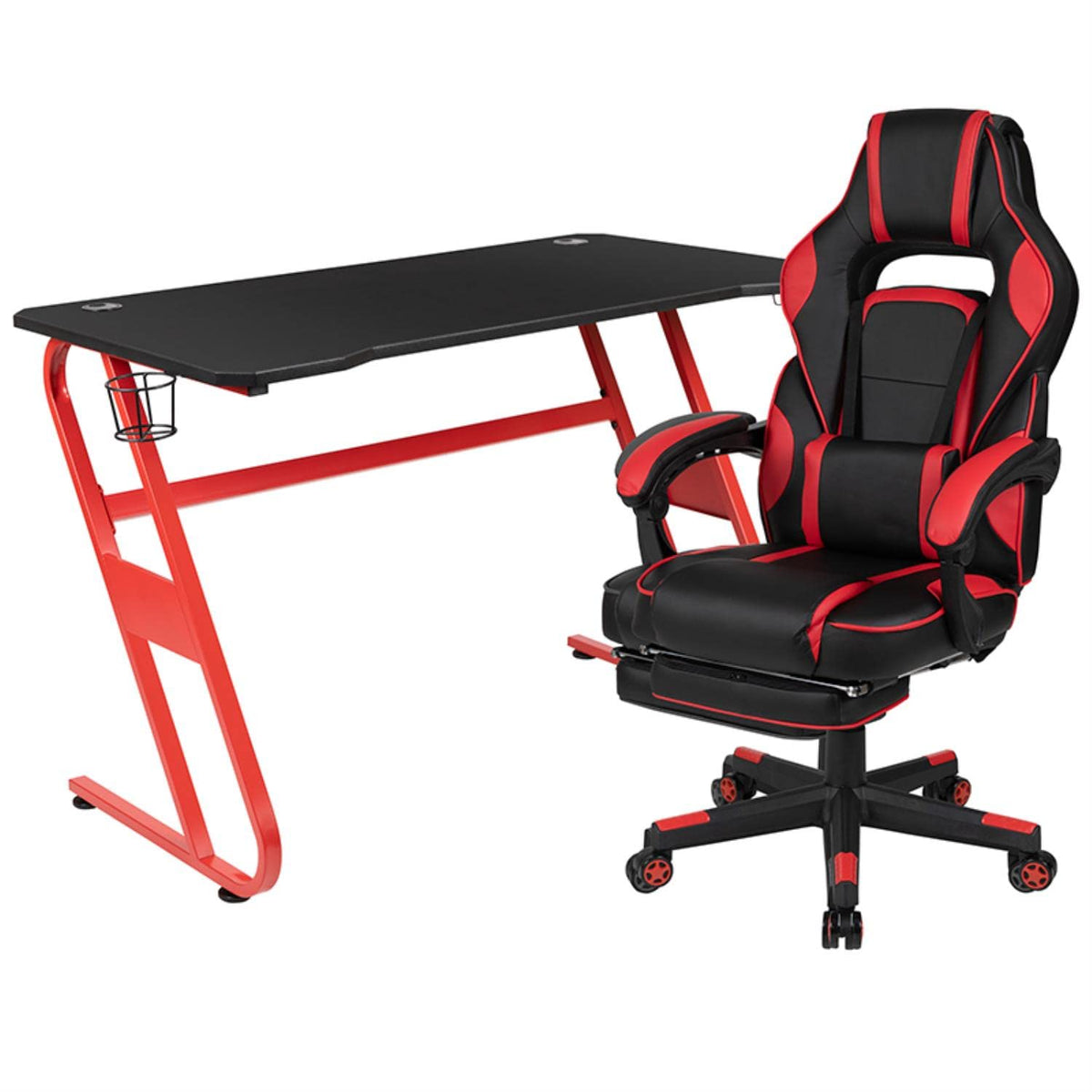 Flash Furniture Red Gaming Desk With Cup Holder/Headphone Hook & Red Reclining Back/Arms Gaming Chair With Footrest