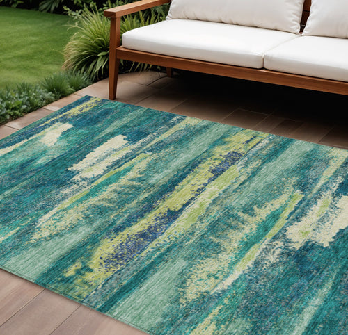 10' X 14' Emerald And Lime Green Abstract Washable Indoor Outdoor Area Rug