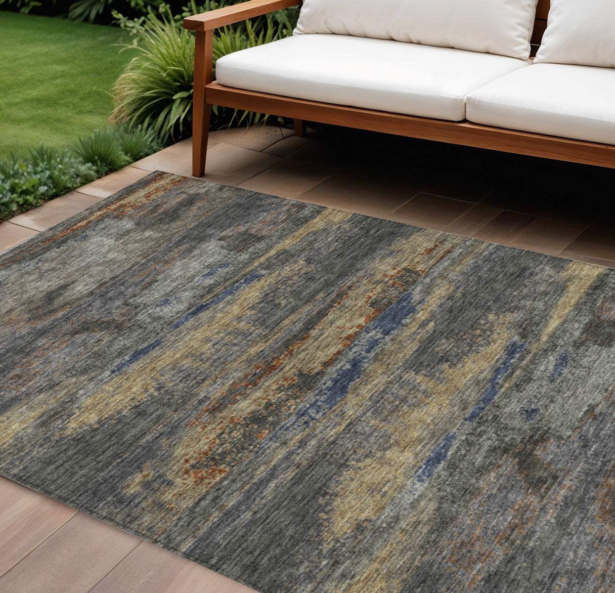 9' X 12' Graphite And Gray Abstract Washable Indoor Outdoor Area Rug