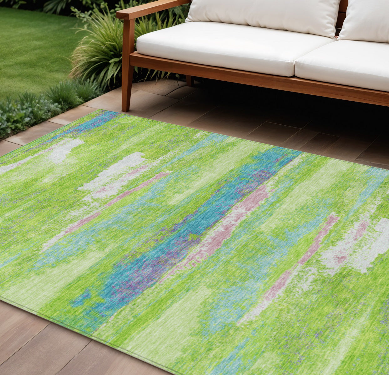 10' X 14' Lime Green And Sky Blue Abstract Washable Indoor Outdoor Area Rug