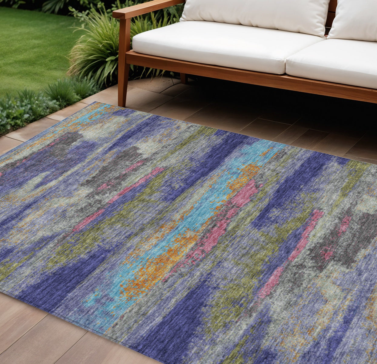 9' X 12' Lavender Pink And Blue Abstract Washable Indoor Outdoor Area Rug