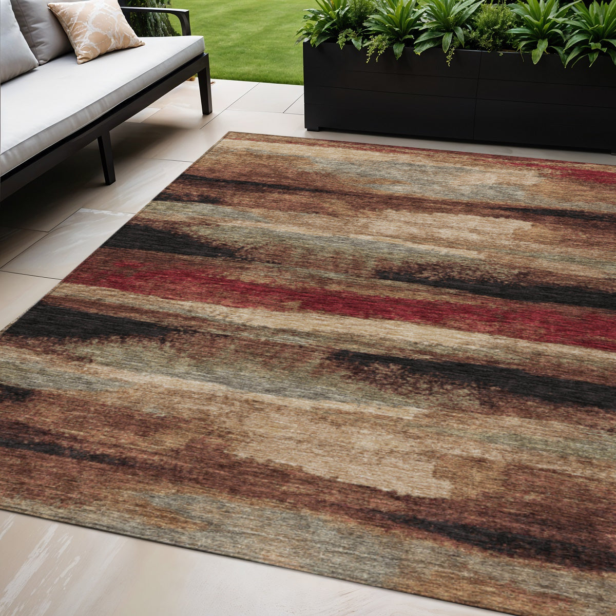 5' X 8' Brown Beige And Burgundy Abstract Washable Indoor Outdoor Area Rug