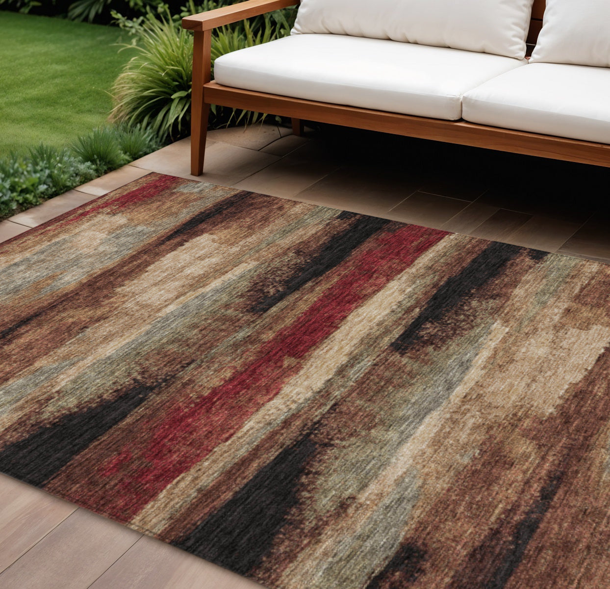 9' X 12' Brown Beige And Burgundy Abstract Washable Indoor Outdoor Area Rug