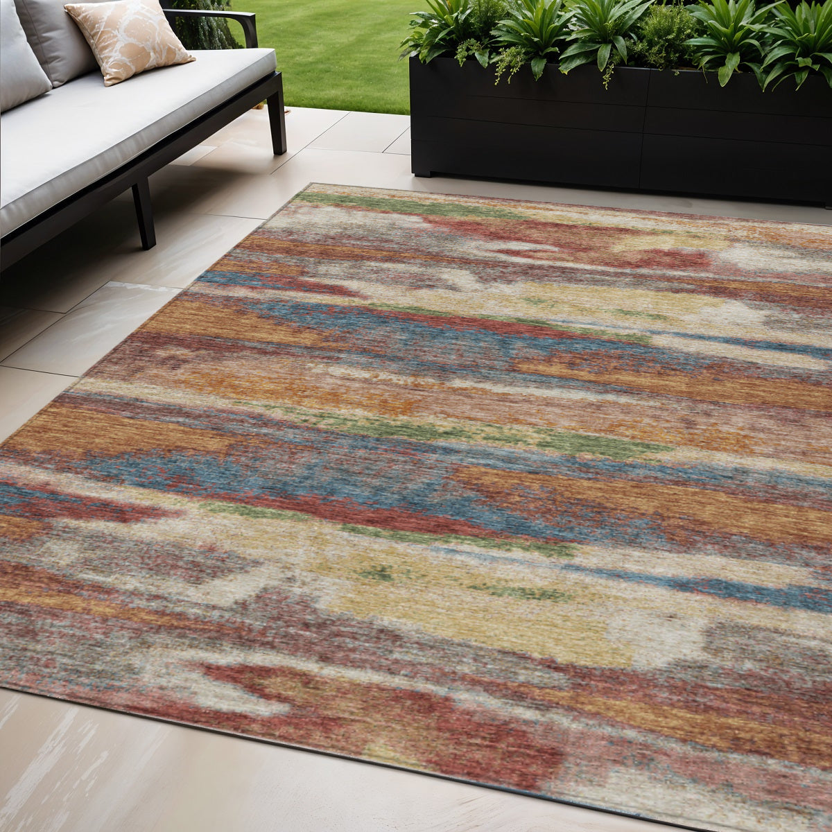 5' X 8' Orange Green And Gold Abstract Washable Indoor Outdoor Area Rug