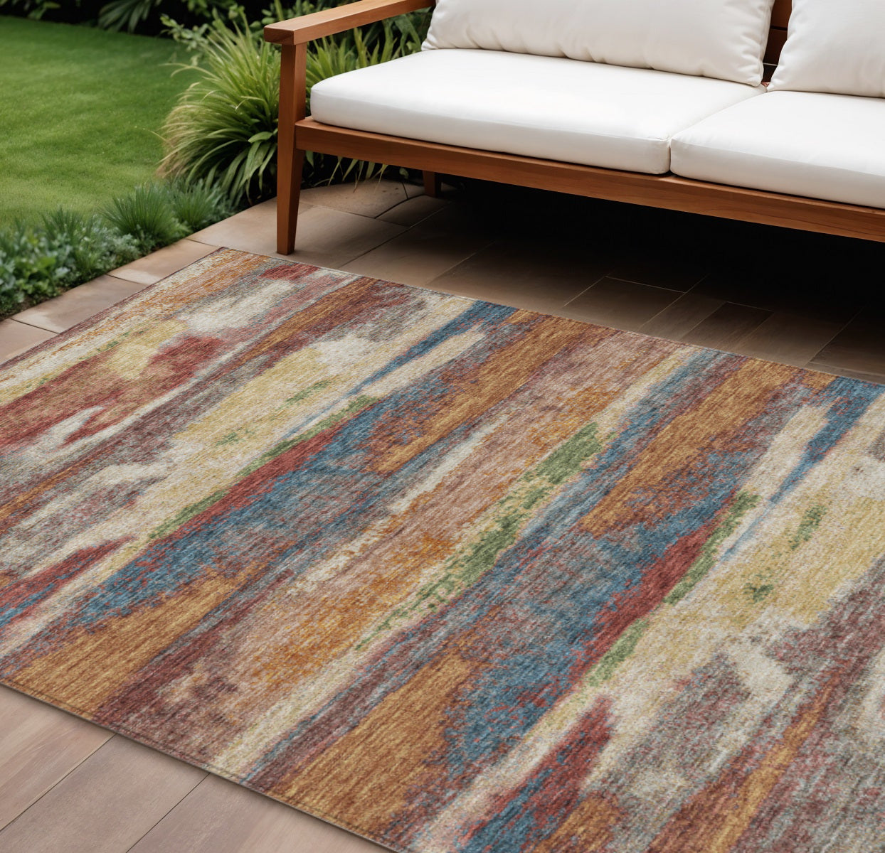 9' X 12' Orange Green And Gold Abstract Washable Indoor Outdoor Area Rug