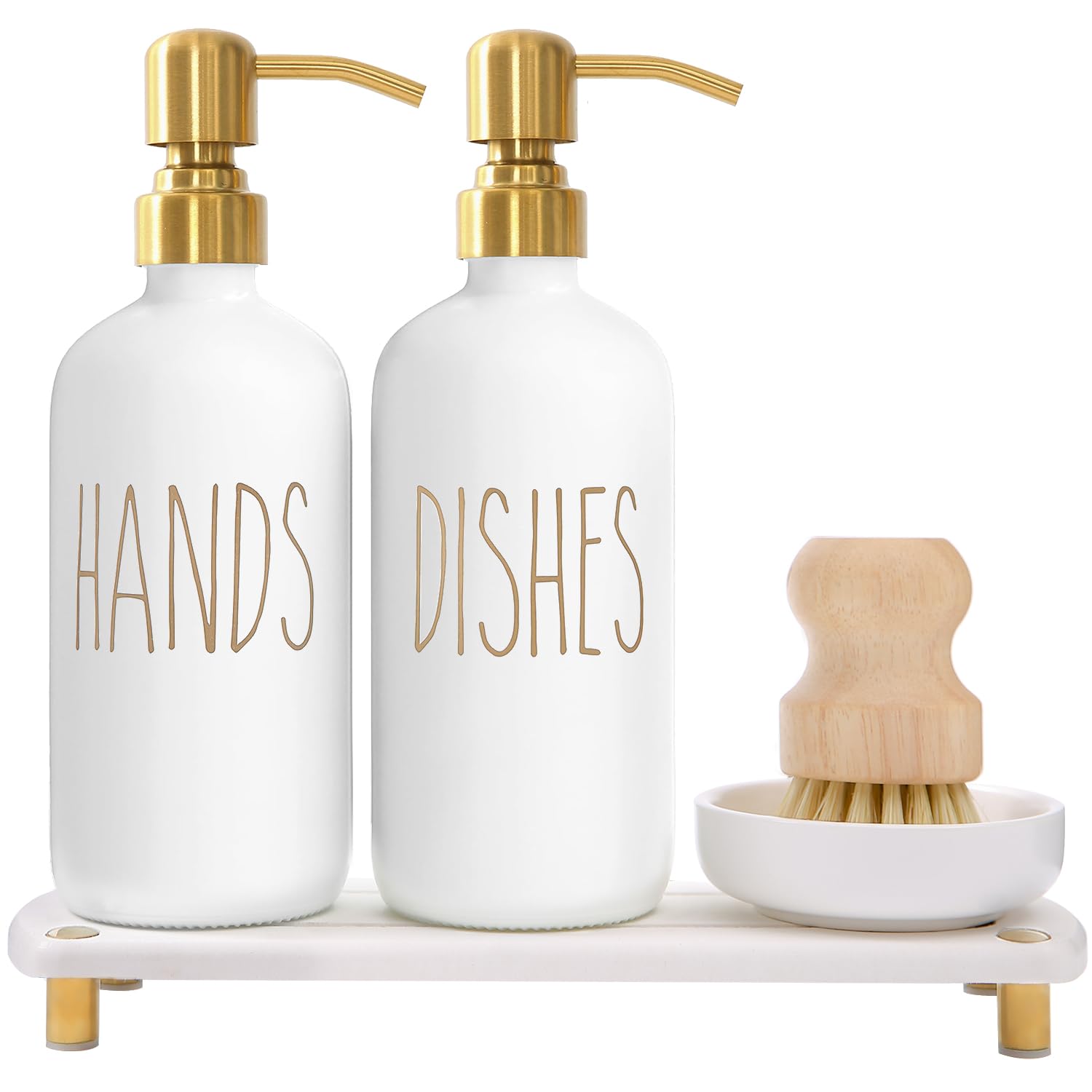 MOMEEMO Gold Soap Dispenser Set Comes with Stainless Steel Pumps, Instant Dry Tray, and Dish Scrub Brush, Suitable for Kitchen D