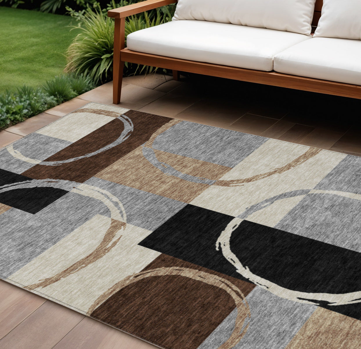 9' X 12' Pewter Gray And Black Geometric Washable Indoor Outdoor Area Rug