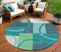 8' Teal Blue And Green Round Geometric Washable Indoor Outdoor Area Rug