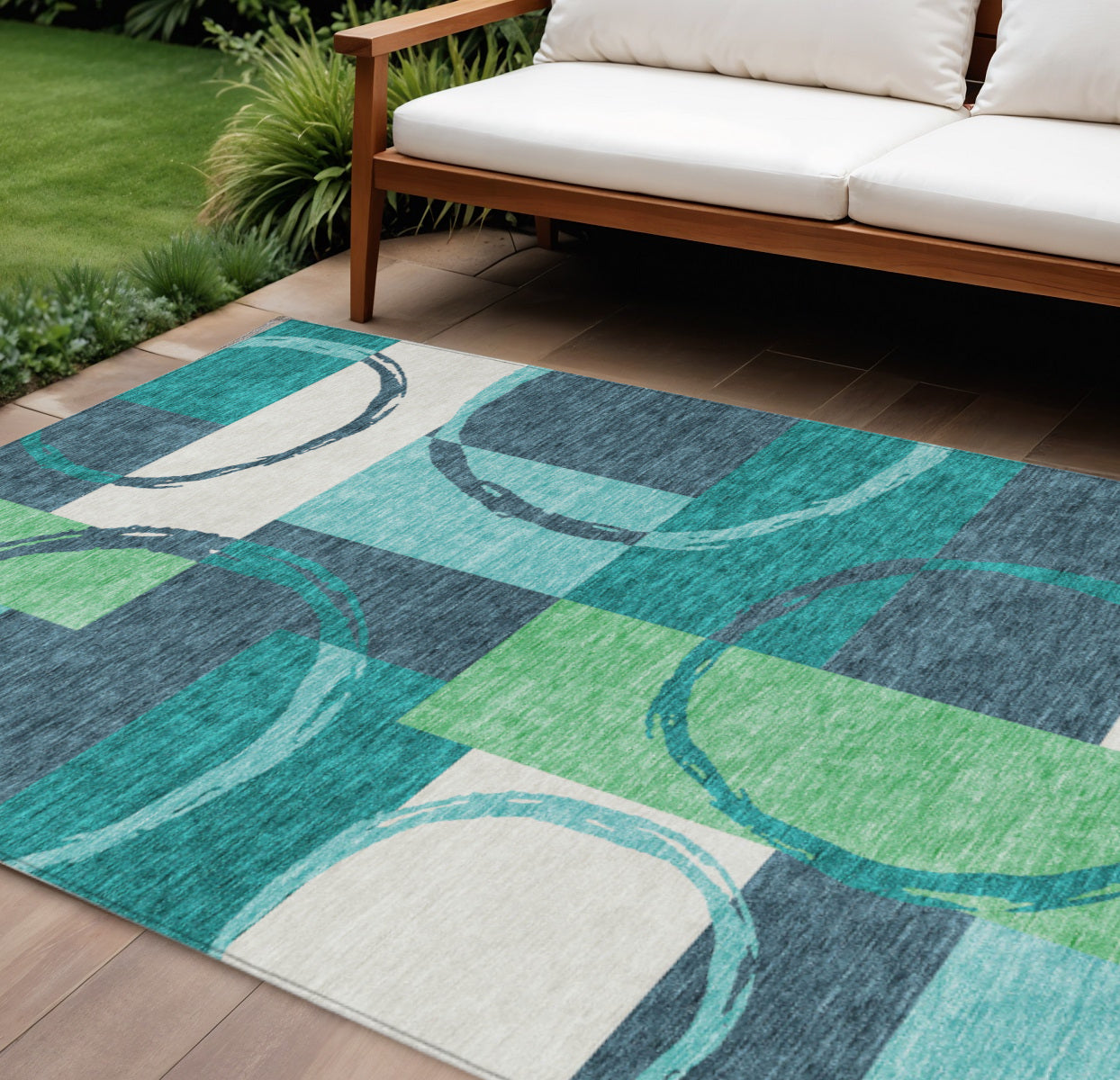 9' X 12' Teal Blue And Green Geometric Washable Indoor Outdoor Area Rug