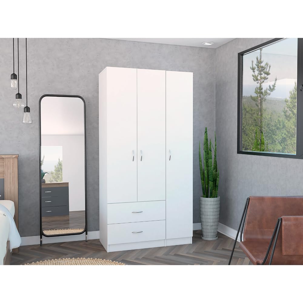 Tuhome Austral 3 Door Armoire with Drawers, Shelves, and Hanging Rod -White