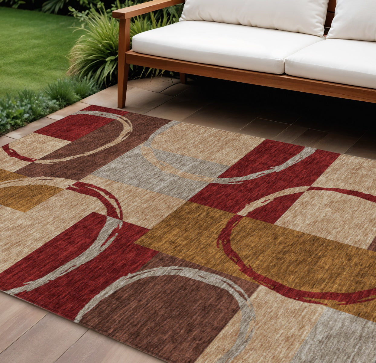 9' X 12' Wheat And Burgundy Geometric Washable Indoor Outdoor Area Rug