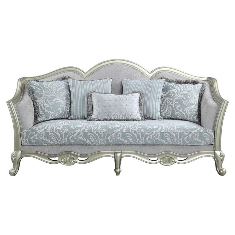 Acme Qunsia Sofa with 5 Pillows in Light Gray Fabric and Champagne