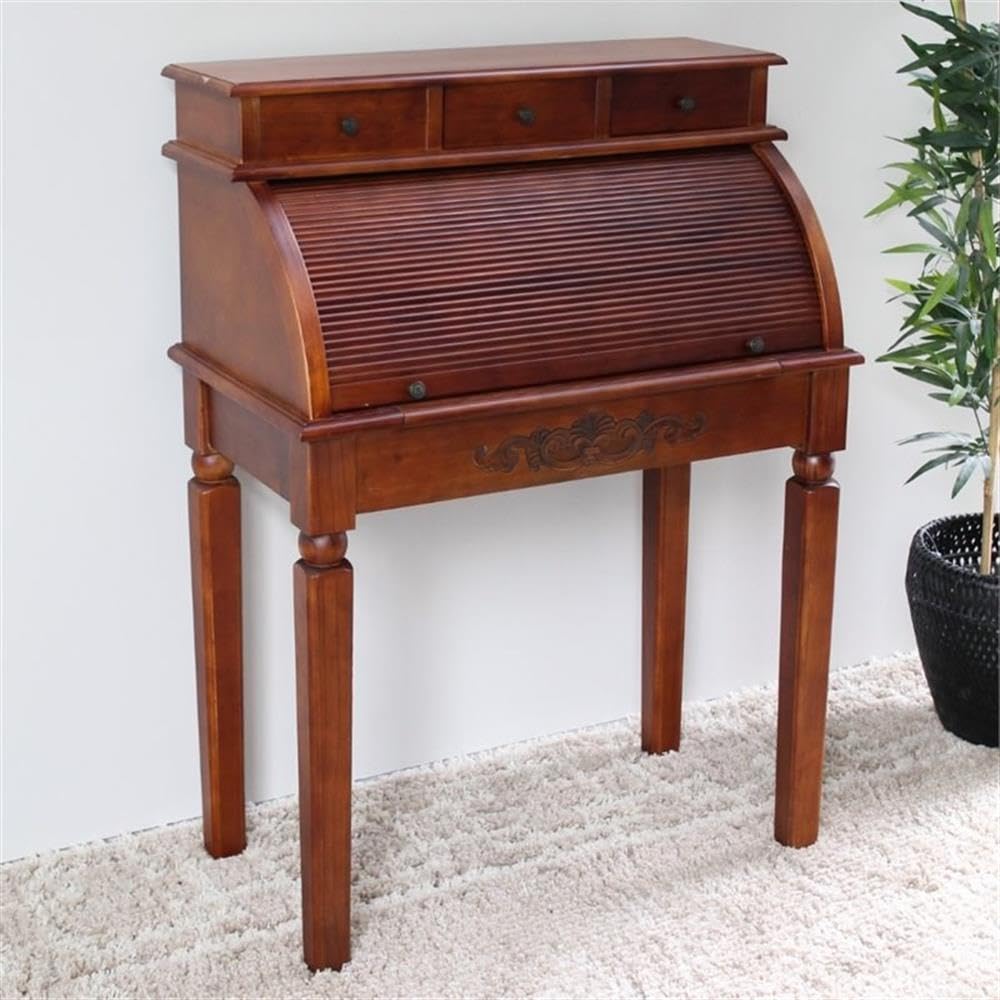 International Caravan Furniture Piece Carved Wood Roll Top Desk