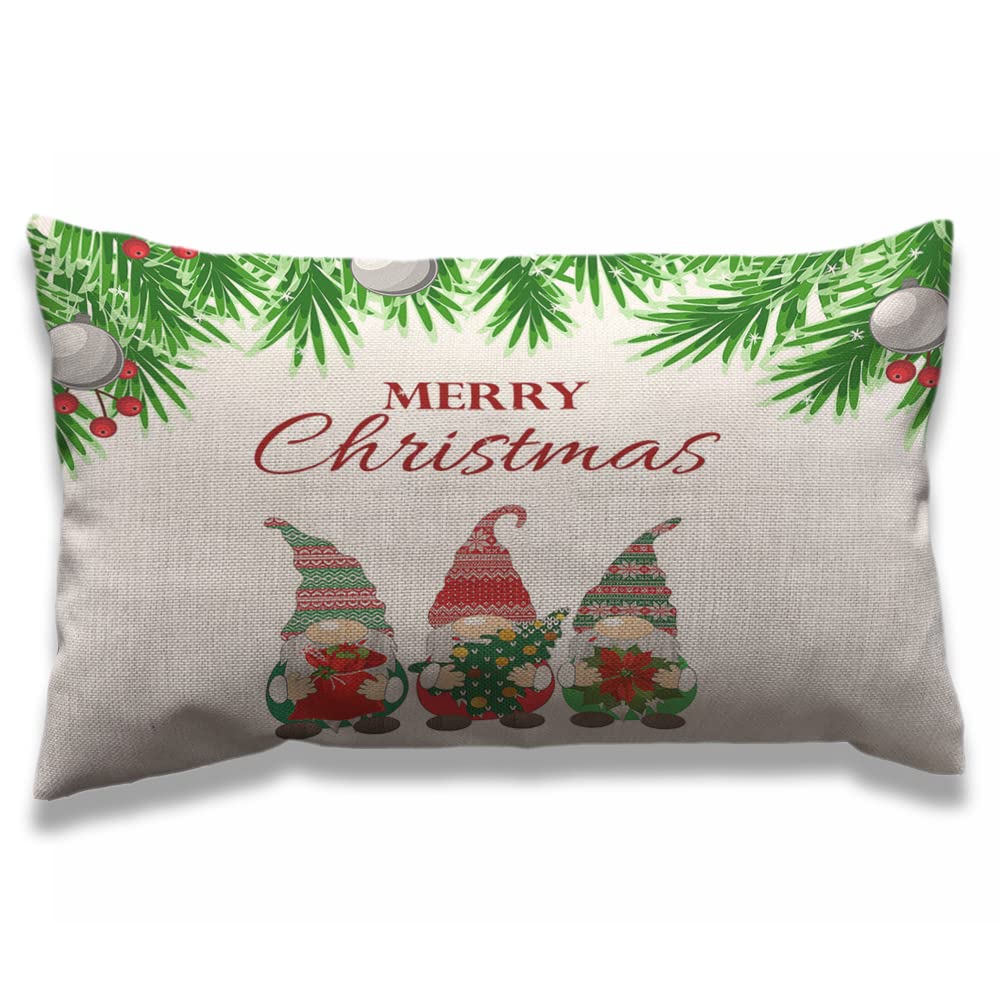 Aoyego Merry Christmas Gnome Pillow Case 12X20 Inch Pine Leaf Red Berry Mistletoe Tree Red Green Rectangle Throw Pillow Covers H