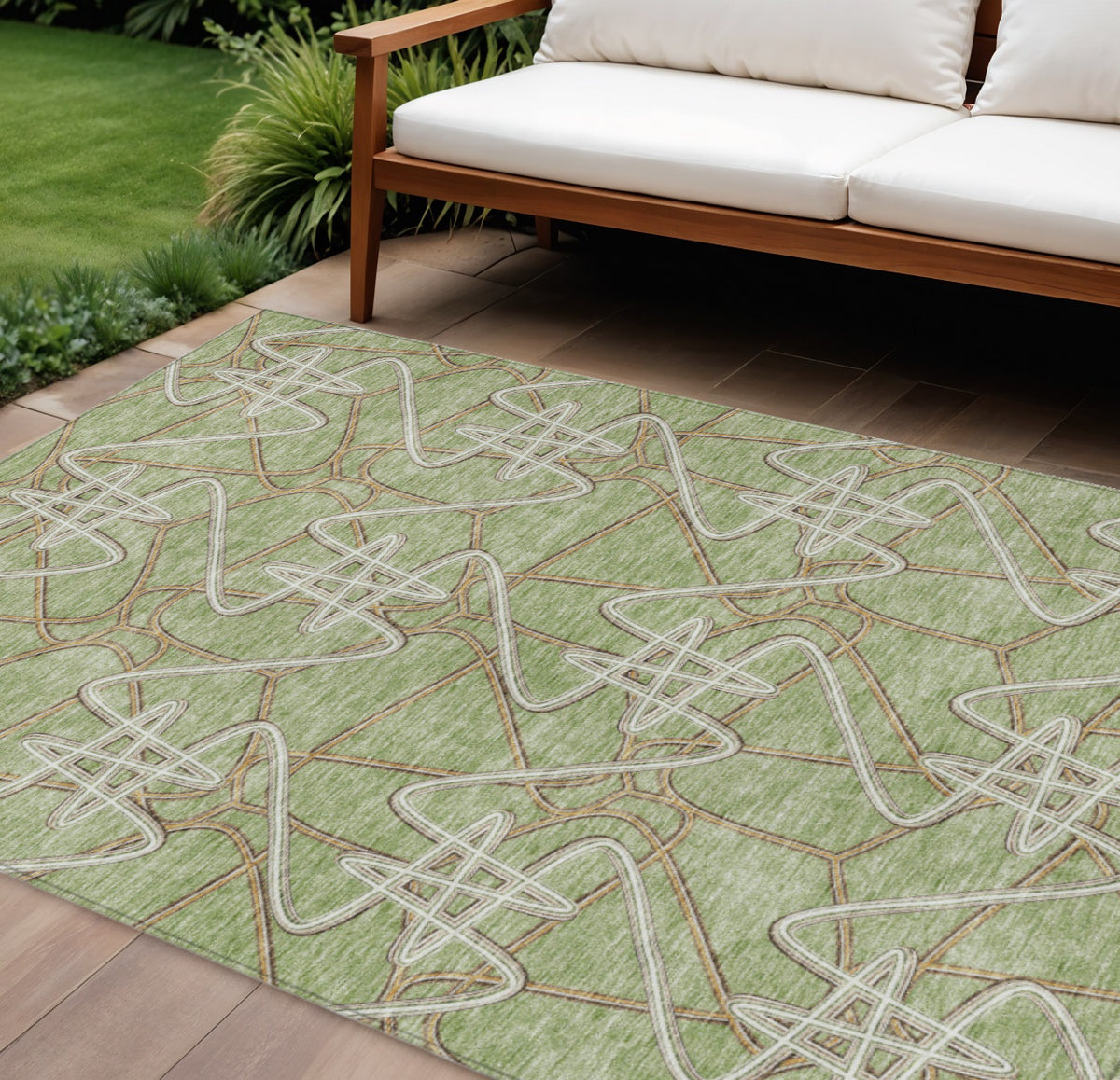 9' X 12' Sage Ivory And Brown Geometric Washable Indoor Outdoor Area Rug