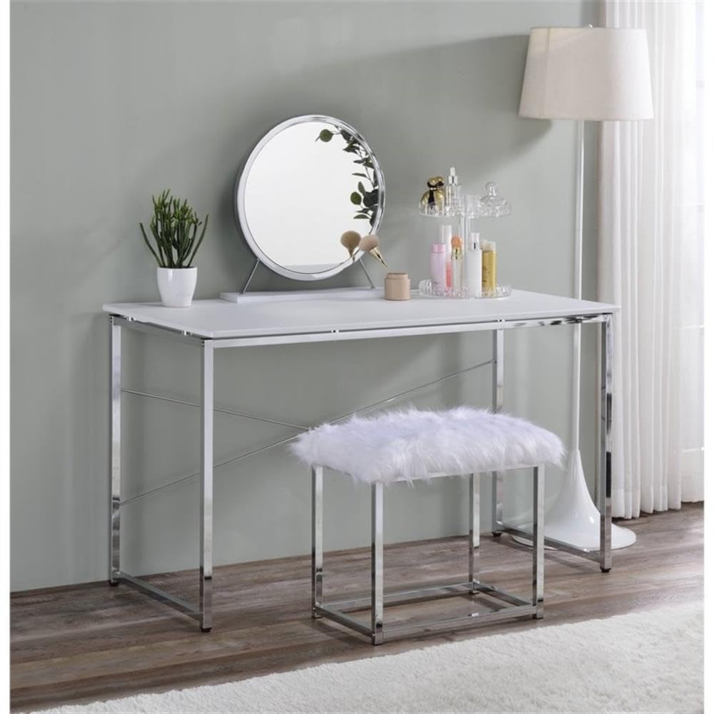 Acme Tennos Vanity Desk with Metal Frame in White and Chrome Finish