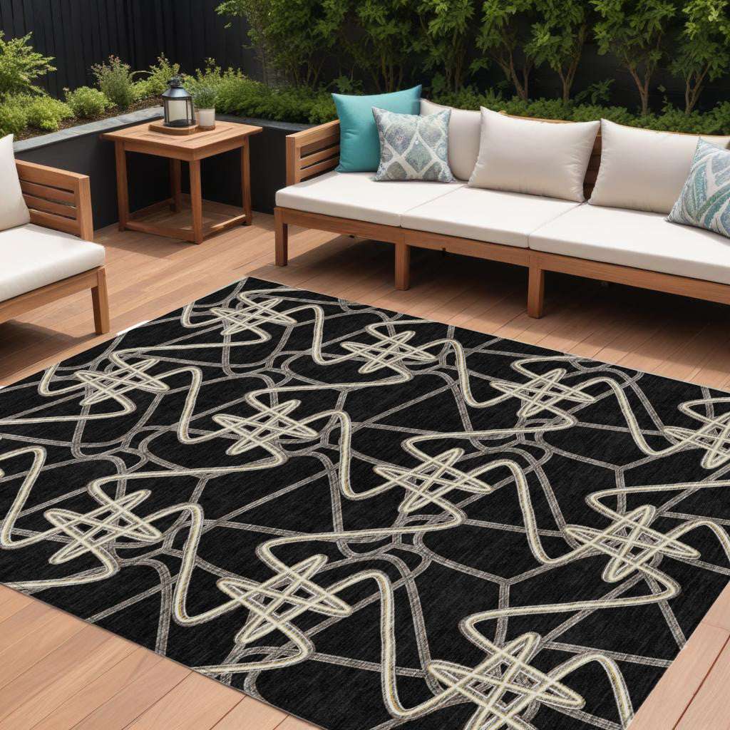 10' X 14' Black Ivory And Brown Geometric Washable Indoor Outdoor Area Rug