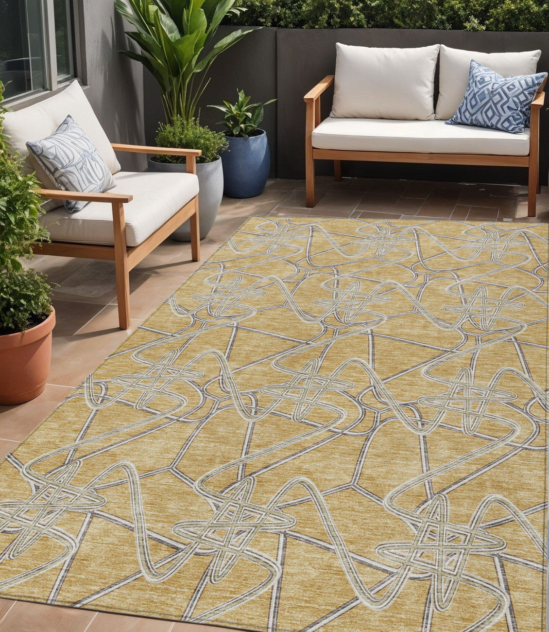 5' X 8' Gold Ivory And Charcoal Geometric Washable Indoor Outdoor Area Rug