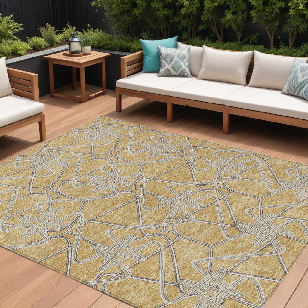 9' X 12' Gold Ivory And Charcoal Geometric Washable Indoor Outdoor Area Rug