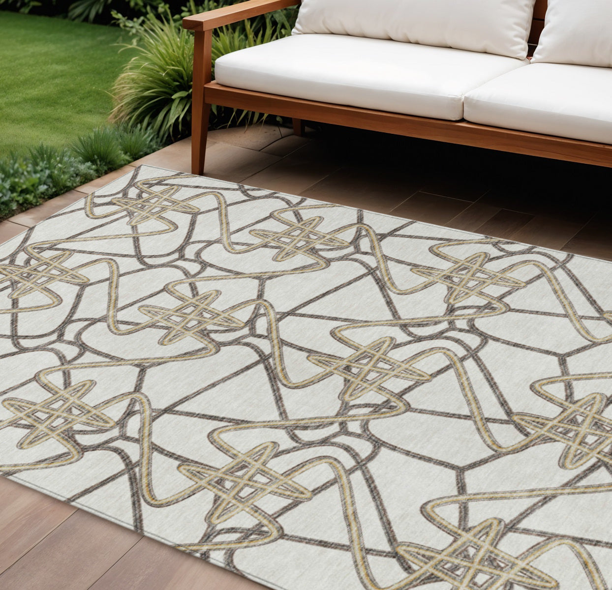 9' X 12' Ivory Charcoal And Gold Geometric Washable Indoor Outdoor Area Rug
