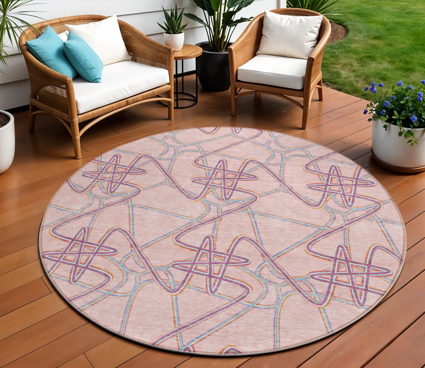 8' Pink Purple And Sky Blue Round Geometric Washable Indoor Outdoor Area Rug