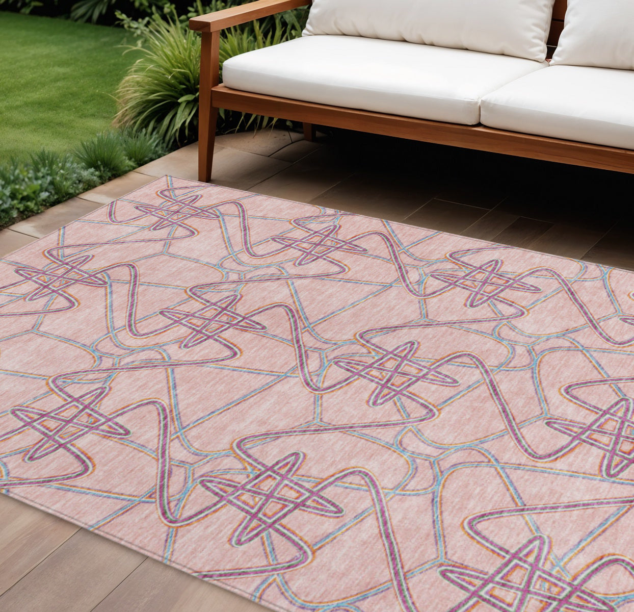 9' X 12' Pink Purple And Sky Blue Geometric Washable Indoor Outdoor Area Rug