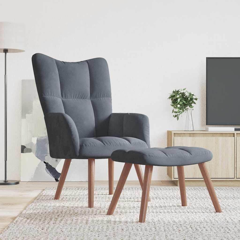vidaXL Relaxing Chair with Stool - Modern Armchair with Velvet Upholstery and Stylish Backrest Design in Dark Gray