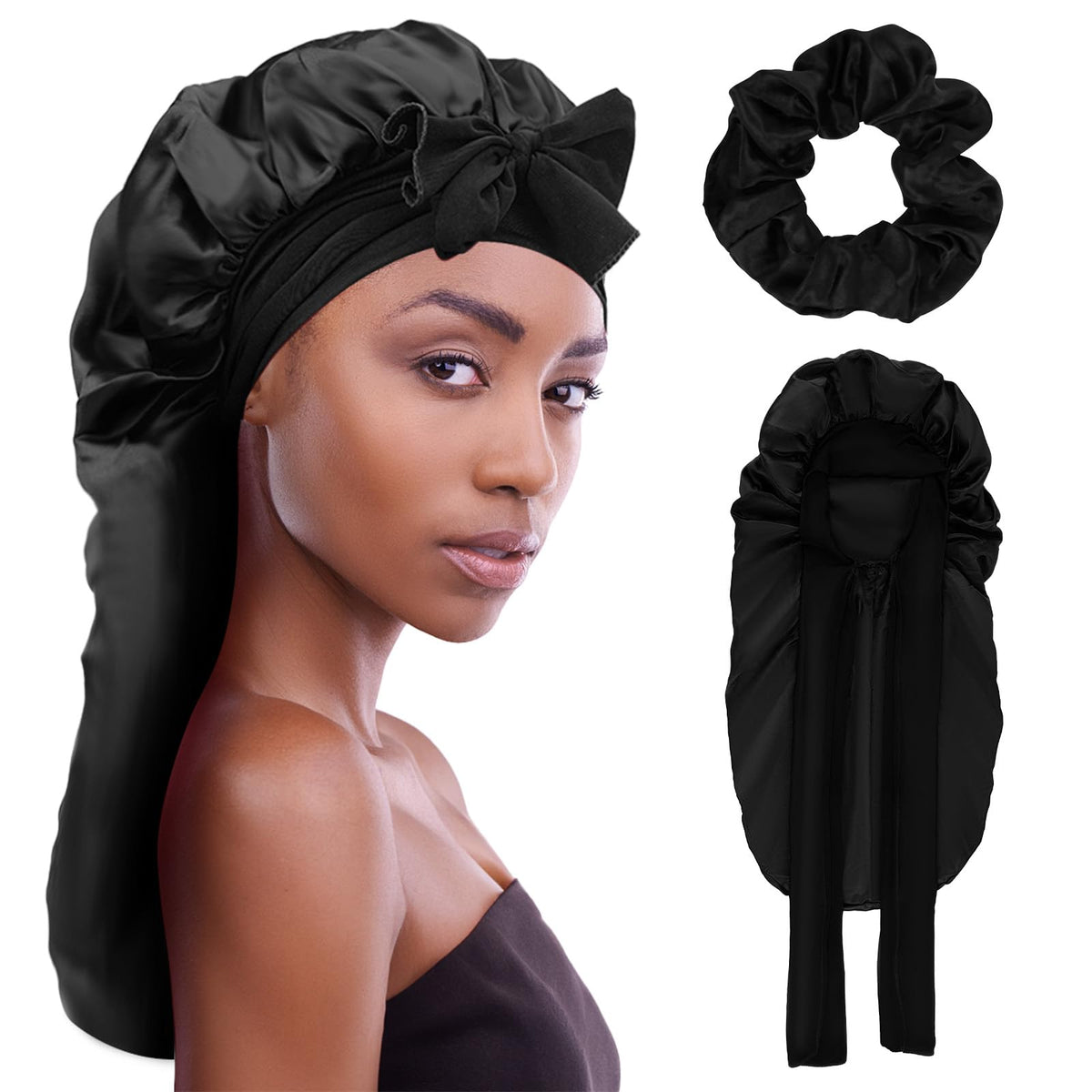 PLUMXUE Long Braids Silk Bonnet - Extra Large Satin Sleeping Hair Cap for Women Curly with Adjustable Tie Band and Scrunchies (B