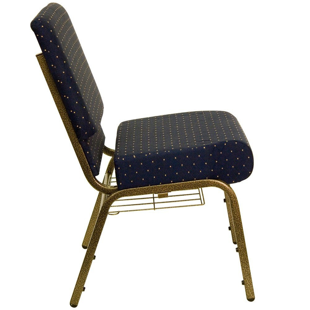 Flash Furniture HERCULES Series 21''W Church Chair in Navy Blue Dot Patterned Fabric with Book Rack - Gold Vein Frame