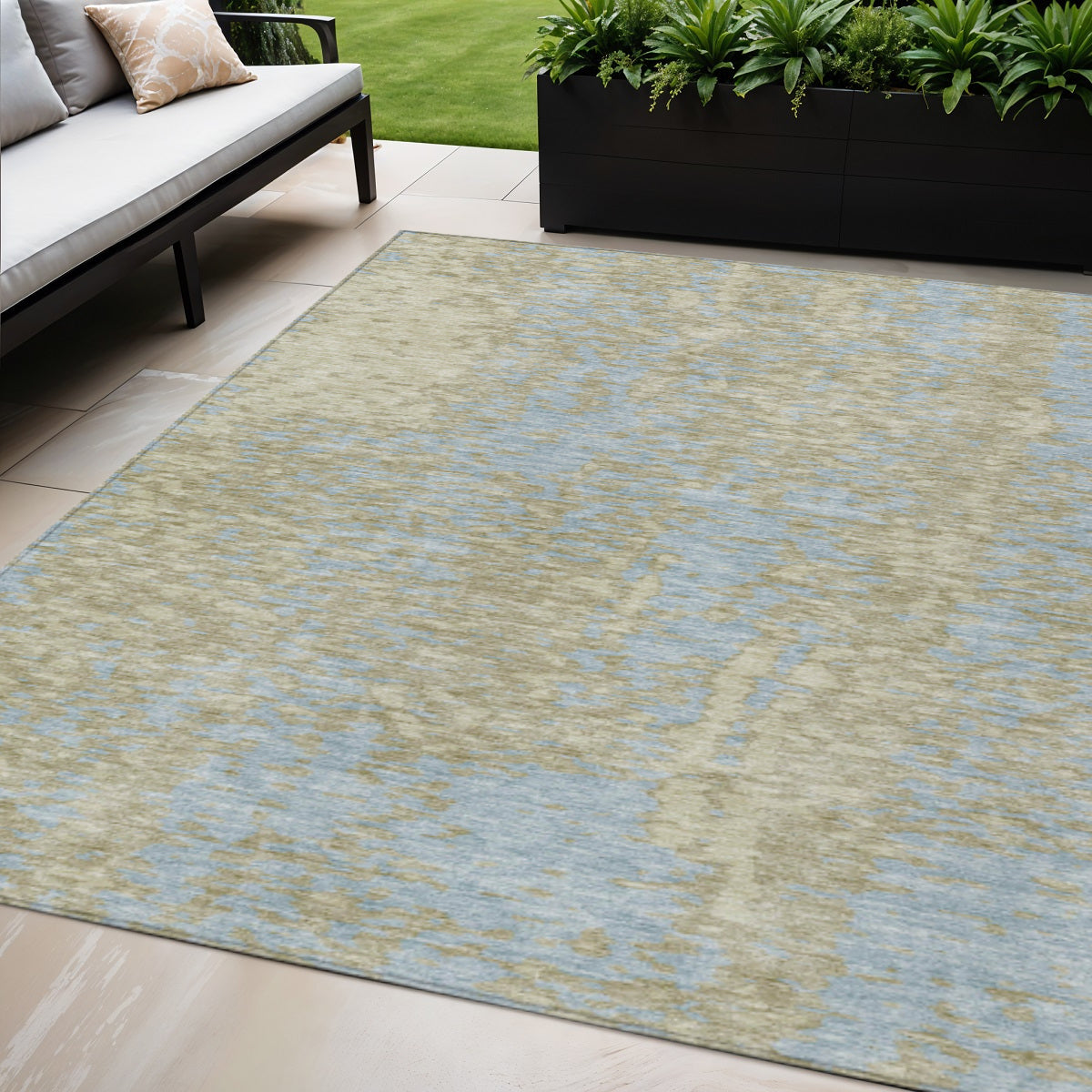 5' X 8' Beige And Blue Abstract Washable Indoor Outdoor Area Rug