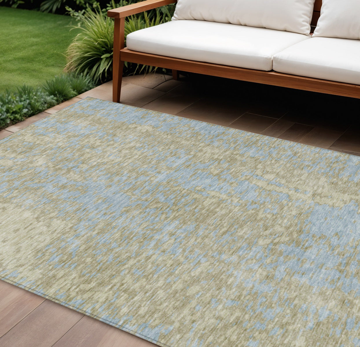 9' X 12' Beige And Blue Abstract Washable Indoor Outdoor Area Rug