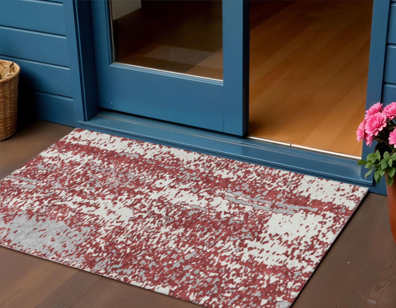 3' X 5' Burgundy And Ivory Abstract Washable Indoor Outdoor Area Rug