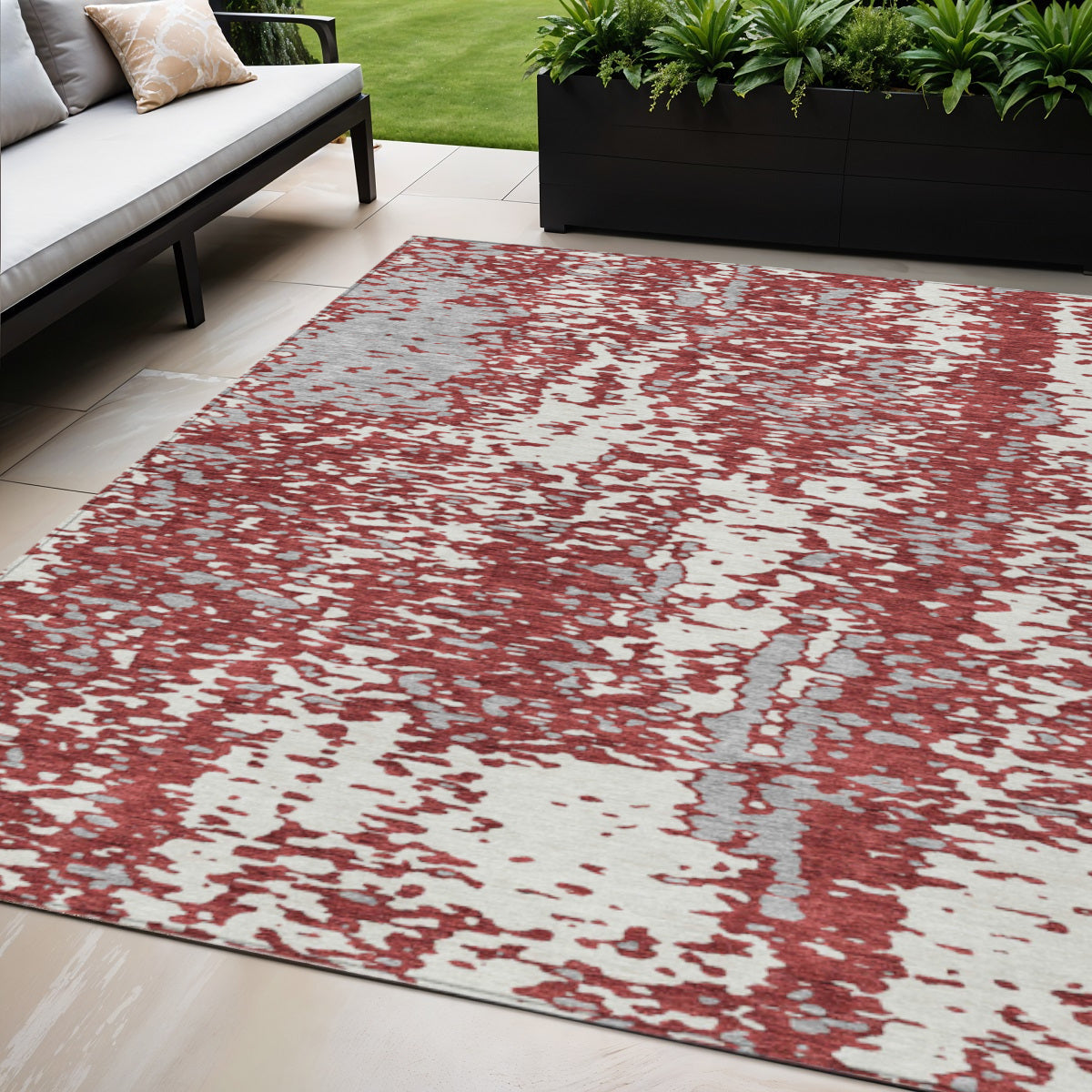 5' X 8' Burgundy And Ivory Abstract Washable Indoor Outdoor Area Rug