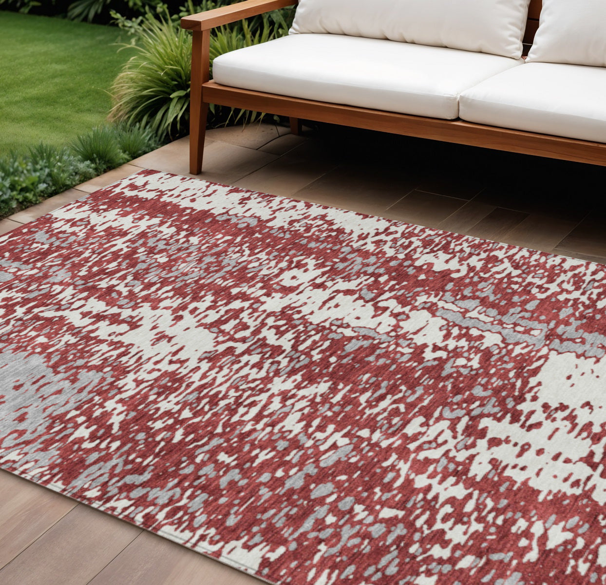 10' X 14' Burgundy And Ivory Abstract Washable Indoor Outdoor Area Rug