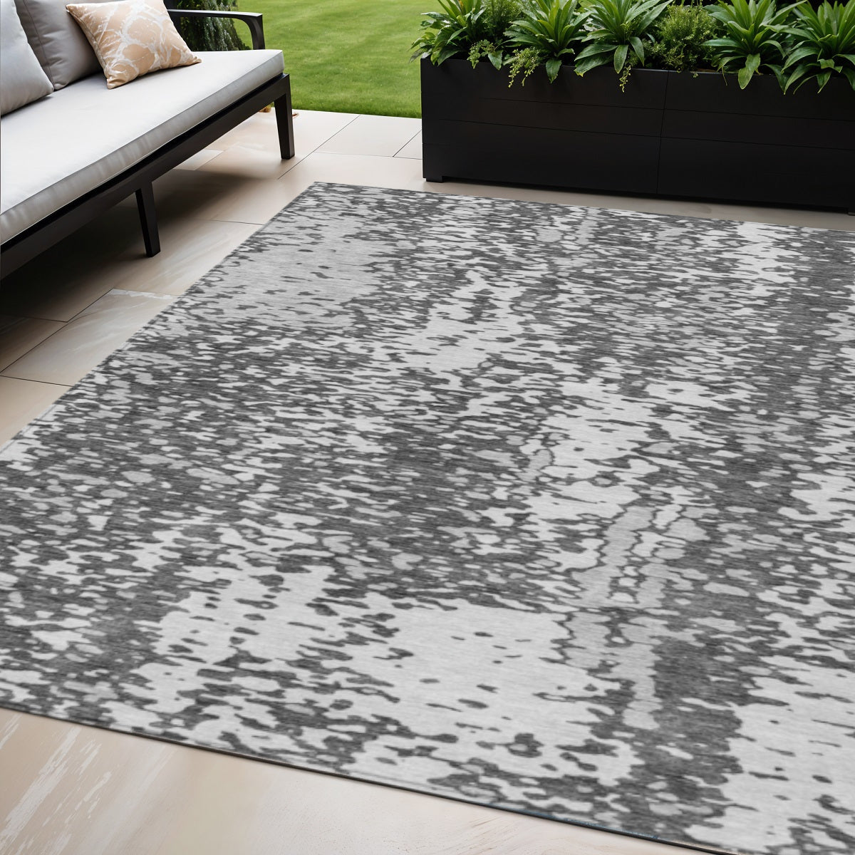 5' X 8' Charcoal And Silver Abstract Washable Indoor Outdoor Area Rug