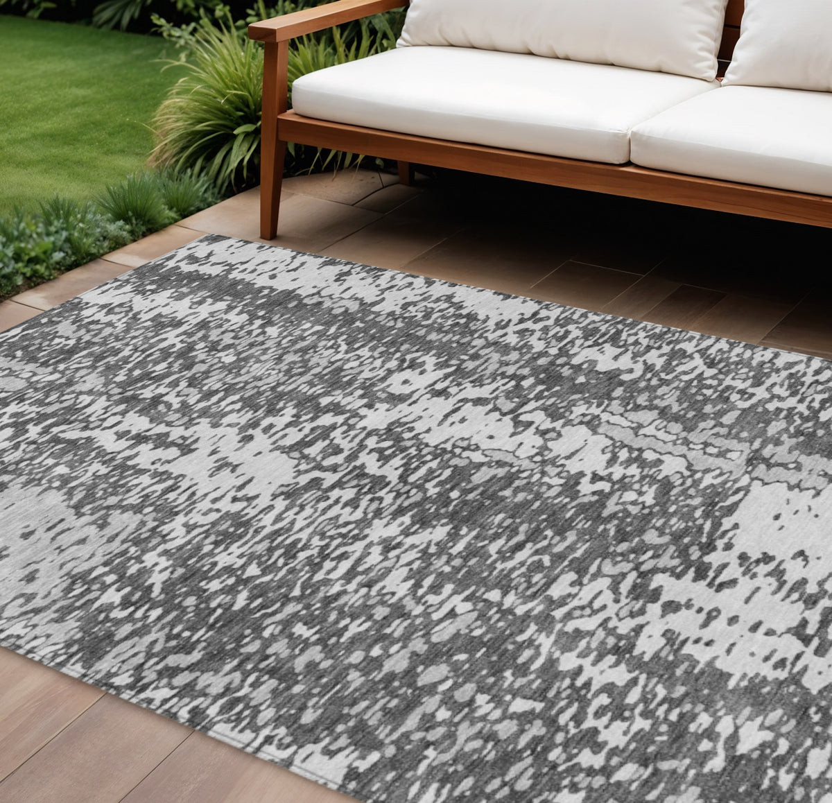 9' X 12' Charcoal And Silver Abstract Washable Indoor Outdoor Area Rug