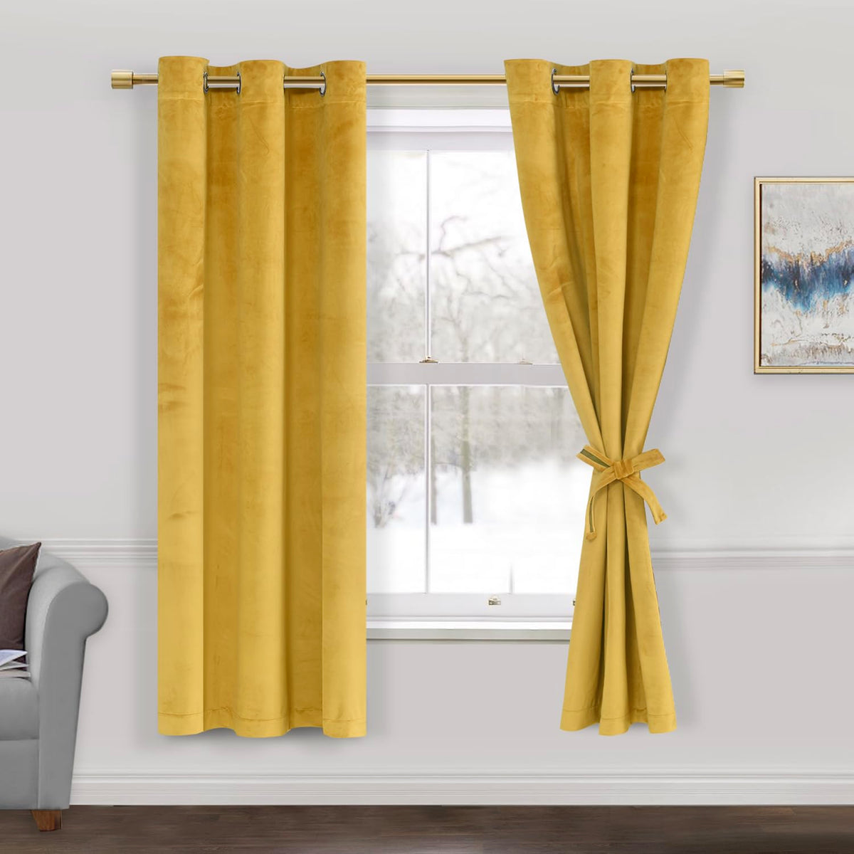 Jiuzhen Yellow Velvet Curtains 63 Inches Blackout Curtains For Living Room - Privacy Protect Room Darkening Grommet Thick Velvet