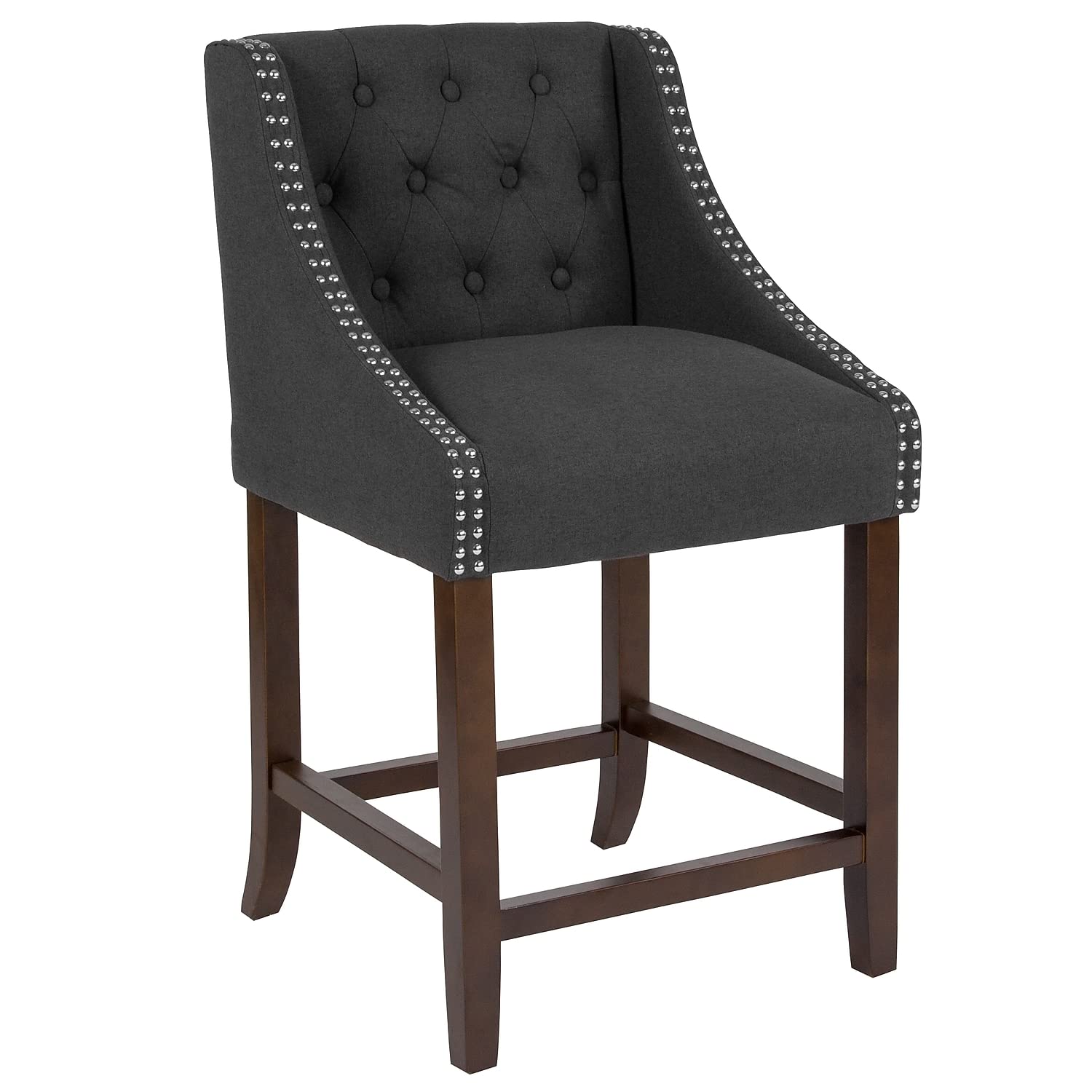 Flash Furniture Carmel Series 24' High Transitional Tufted Walnut Counter Height Stool With Accent Nail Trim In Charcoal Fabric