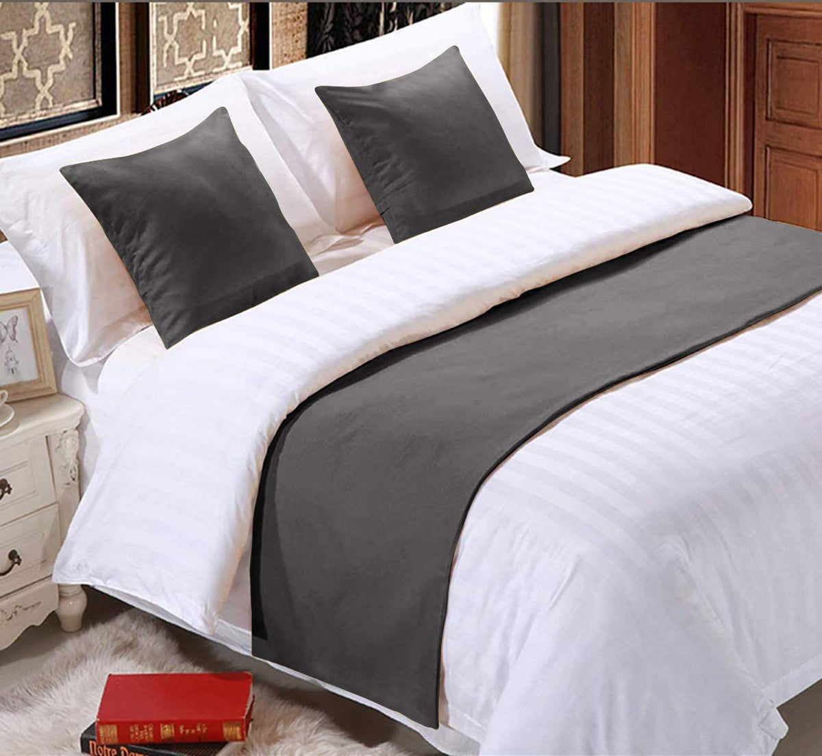 Elegant Decor 800 Thread Count Bed Runner With 2 Piece Cushion Covers - 100% Egyptian Cotton - Luxurious Premium Hotel Quality B