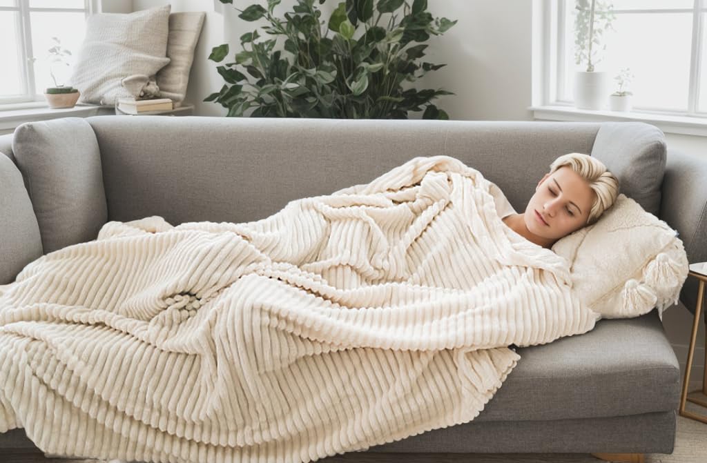 Richave Cuddly Blanket,Premium Lightweight Anti-Static Fluffy Fleece Travel Throw, Blanket With Striped Pattern, 50X60 Inches, Cream