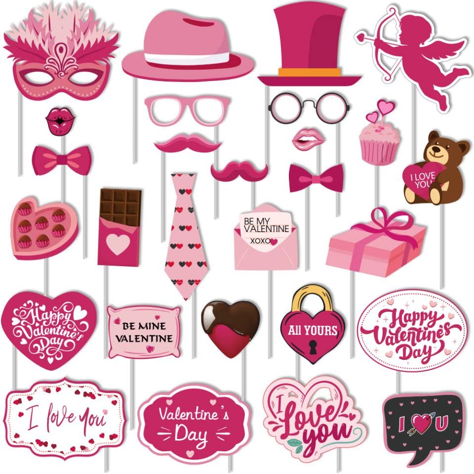 CRAWPROP 28PCS Valentines Day Party Photo Booth Props Decoration Selfie Accessories for Valentine's Day Wedding Birthday Party S