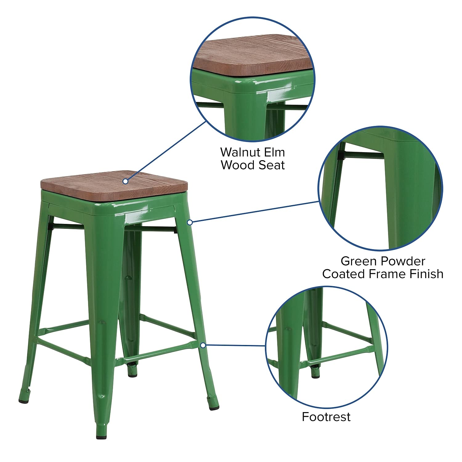 Flash Furniture Lily 24&quot; High Backless Green Metal Counter Height Stool With Square Wood Seat