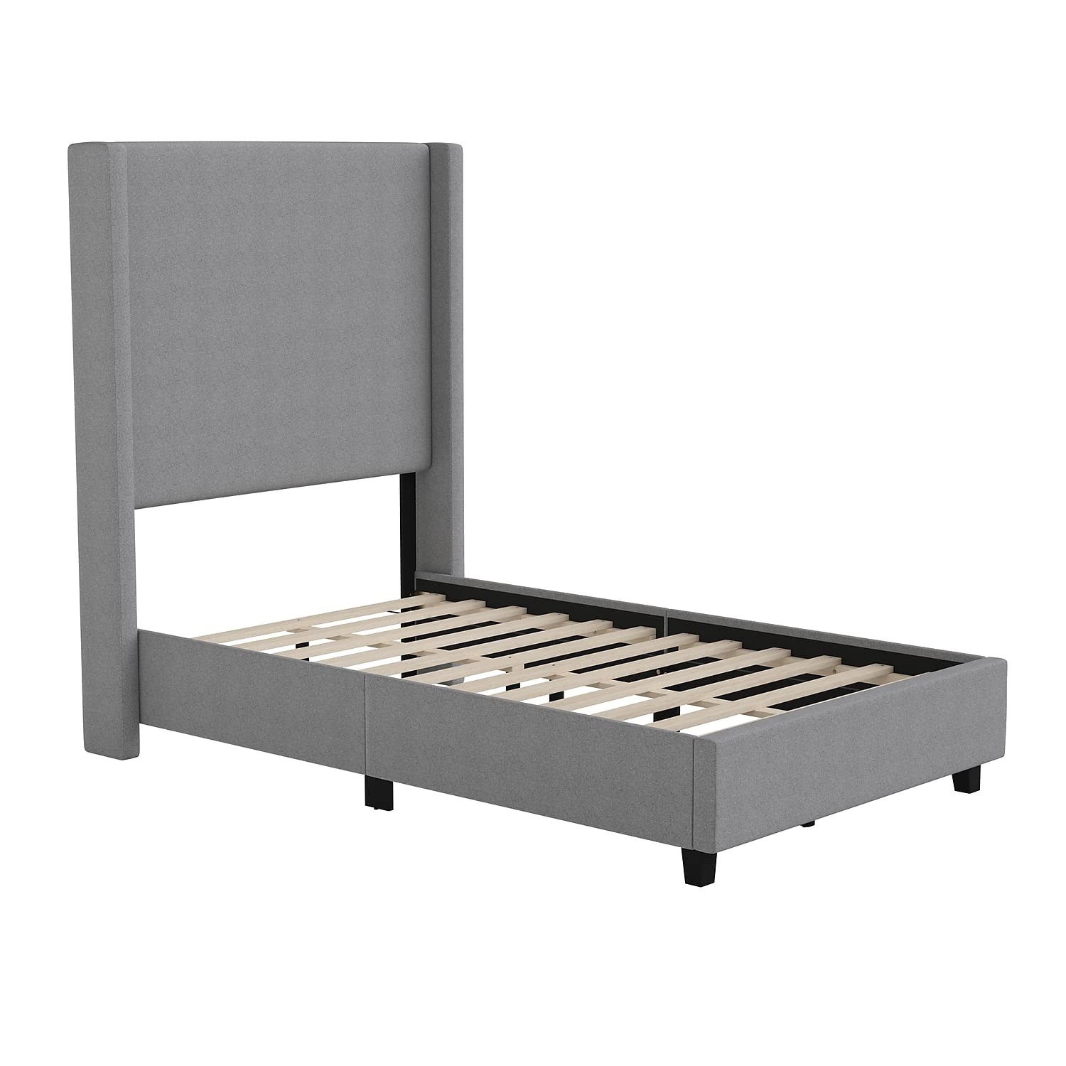 Flash Furniture Quinn Upholstered Platform Bed - Gray Channel Stitched Wingback Headboard - Twin - Mattress Foundation with Slatted Supports - No Box Spring Needed