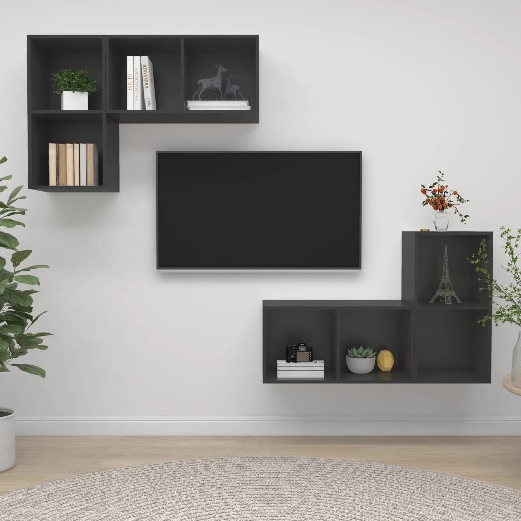 vidaXL Wall-Mounted TV Cabinets Set of 4 | Gray Engineered Wood | Functional Storage | Ample Compartment Space | Flexible Mounting Design | Safety Compliant
