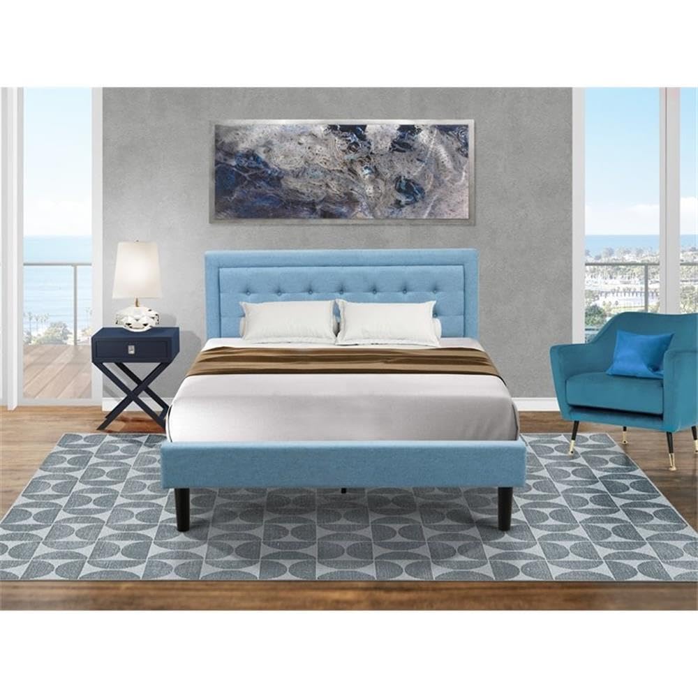 East West Furniture FN11Q-1HA15 2-Piece Platform Queen Bed Set Furniture with 1 Platform Bed and an End Table for Bedroom - Reliable and Durable Construction - Denim Blue Linen Fabric