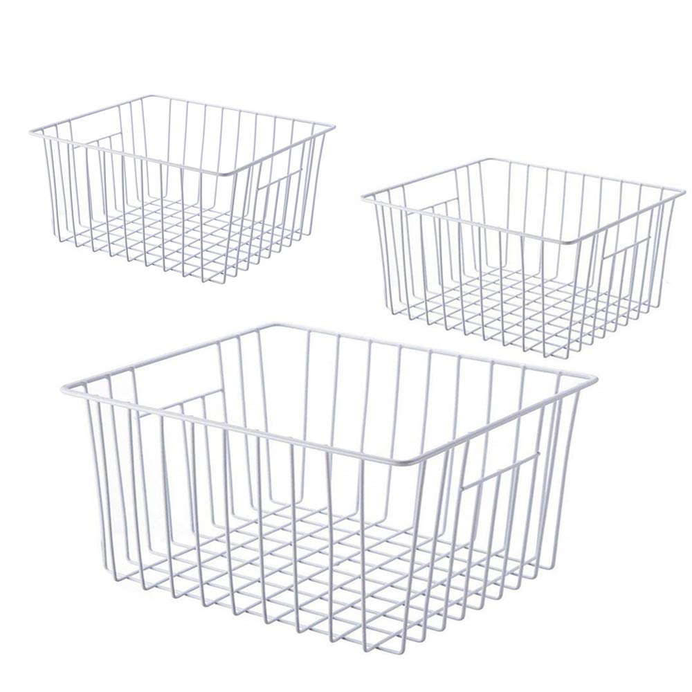 Y.Z.Bros 16inch Freezer Storage Organizer Baskets, Household Wire Refrigerator Bins with Builtin Handles for Cabinet, Pantry, C