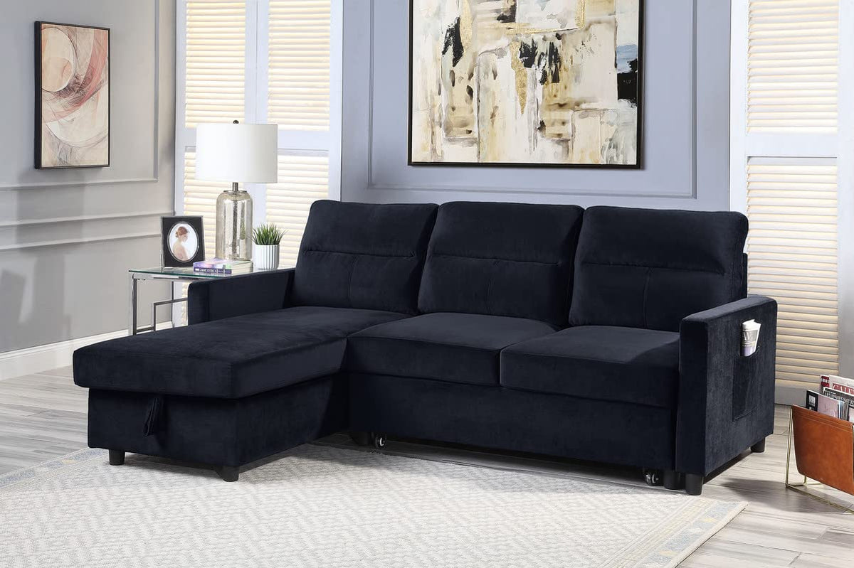 Lilola Home Ivy Black Velvet Reversible Sleeper Sectional Sofa with Storage Chaise and Side Pocket