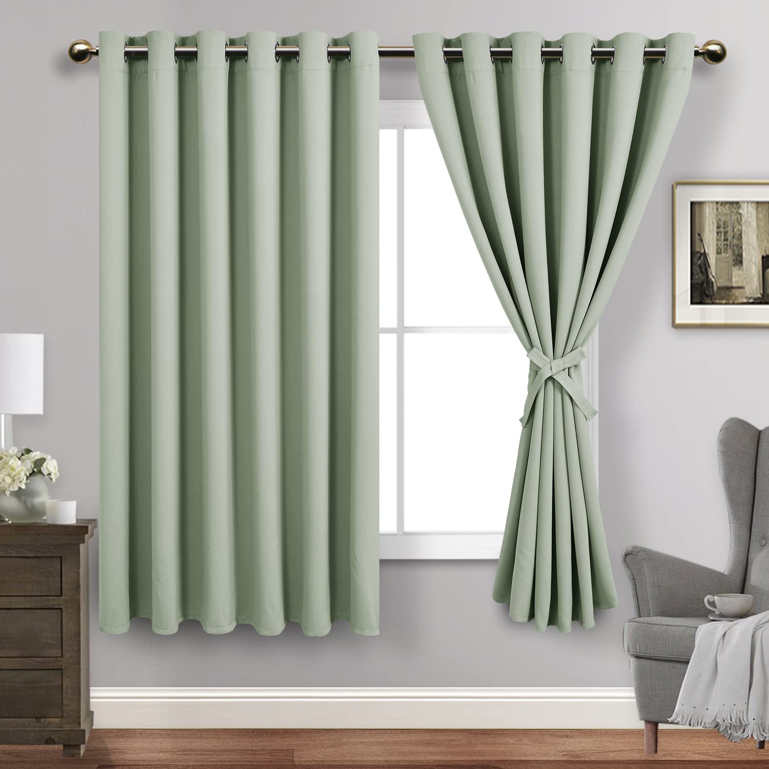 Jiuzhen Light Green Blackout Curtains With Tiebacks Thermal Insulated, Light Blocking And Noise Reducing Grommet Curtains For And Living Room, Set Of 2 Window Curtain Panels, 70 X 63 Inch Length
