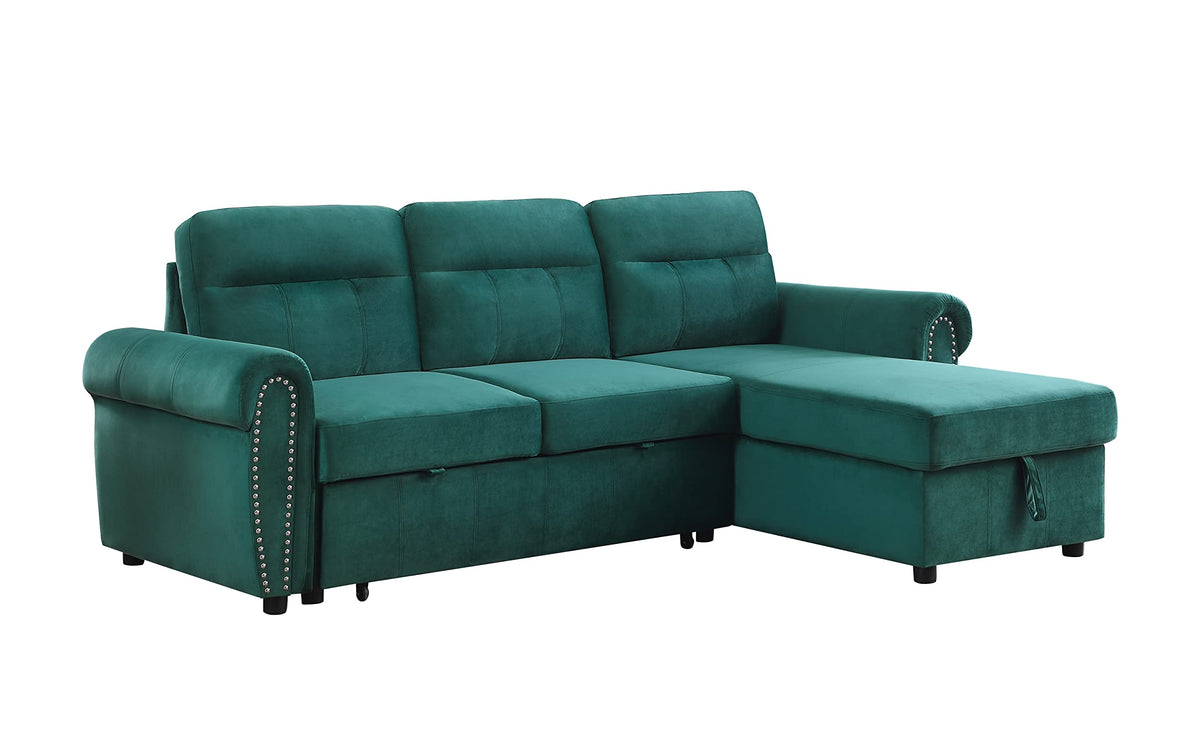 Lilola Home Ashton Green Velvet Fabric Reversible Sleeper Sectional Sofa Chaise