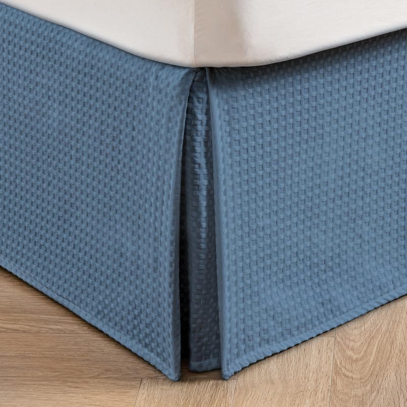 Miye Pleated Waffle Weave Bed Skirt, Tailored Dust Ruffle 18 Inch Drop Easy Fit, Machine Washable (Blue, King - 18'' Drop)